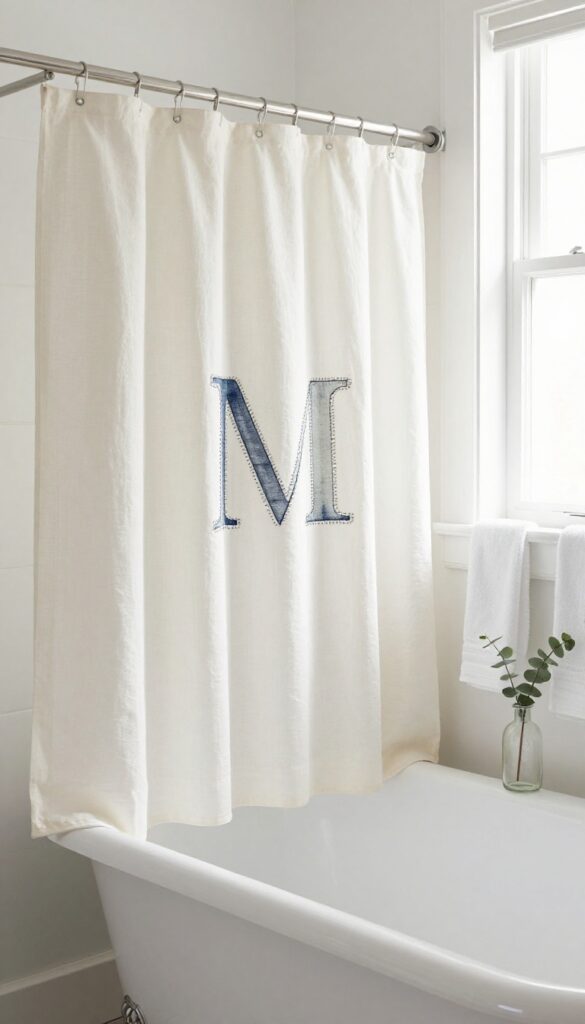 Farmhouse bathroom with white clawfoot tub and hand-stitched monogrammed shower curtain