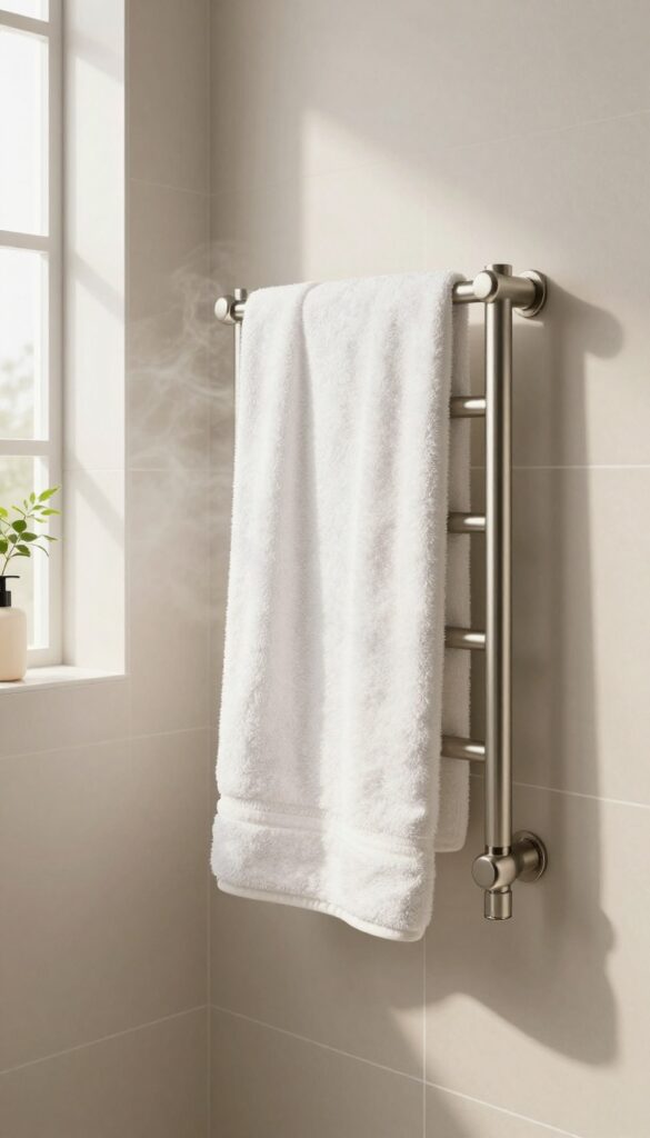 A small bathroom with a tub and shower combo showcasing a towel warmer for added warmth and comfort in home decor.