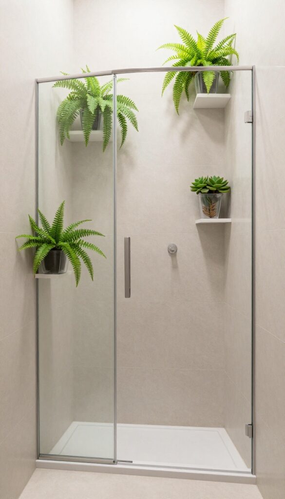 Modern curbless shower with plants and greenery for a fresh touch, showing natural texture and bright lighting in a clean, blog-friendly home decor setting.