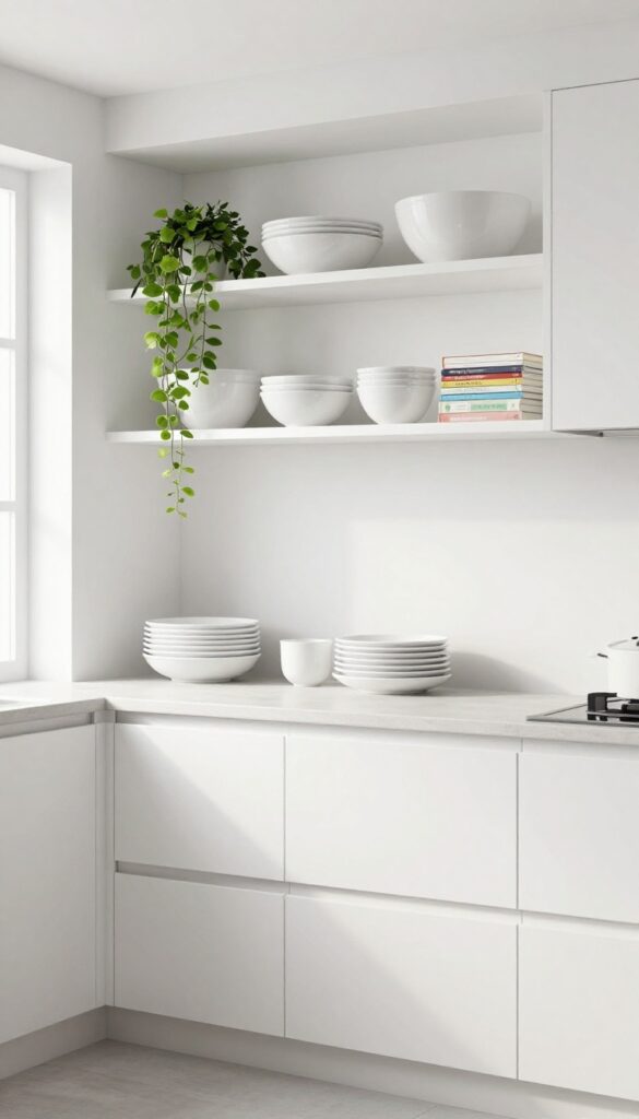 Bright kitchen with open shelving displaying white dishes, plants, and cookbooks