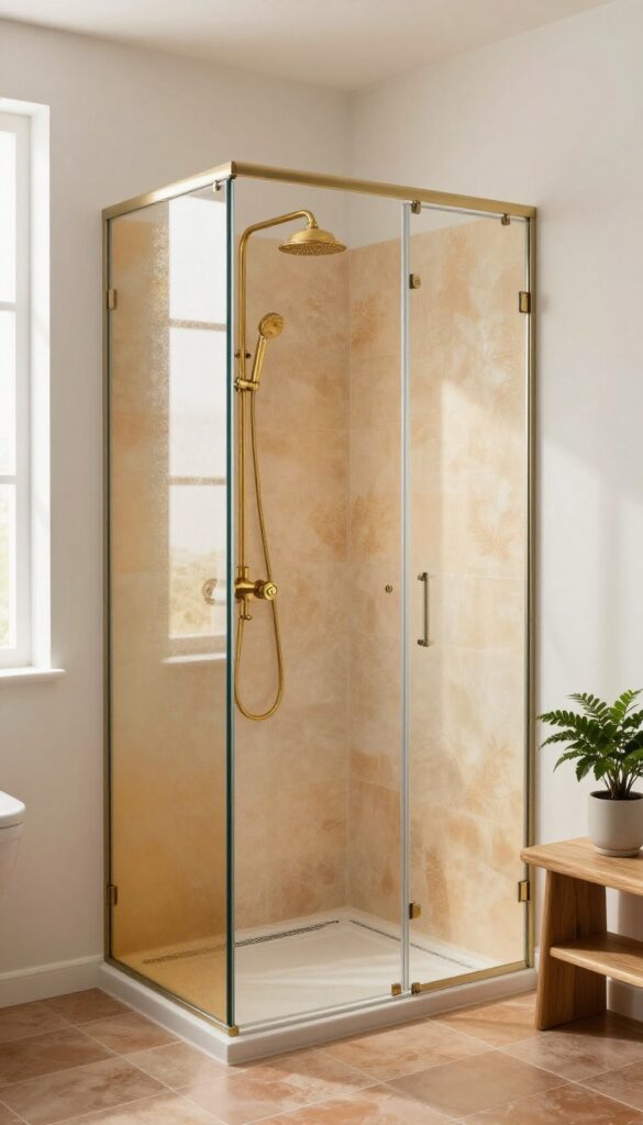 Bathroom with bronze-tinted glass shower enclosure, brass fixtures, terracotta tiles, natural light