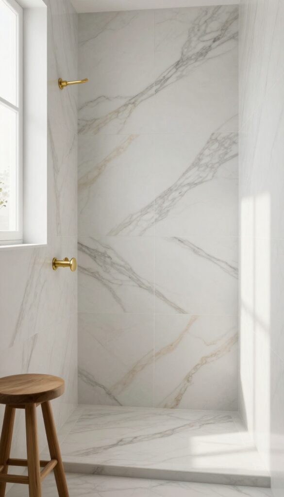 Large format black and white marble-look shower tiles with soft beige veining, brass fixtures, and teak stool in natural light