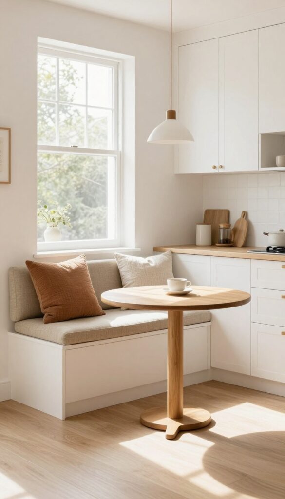 Cozy breakfast nook with built-in banquette in a small kitchen