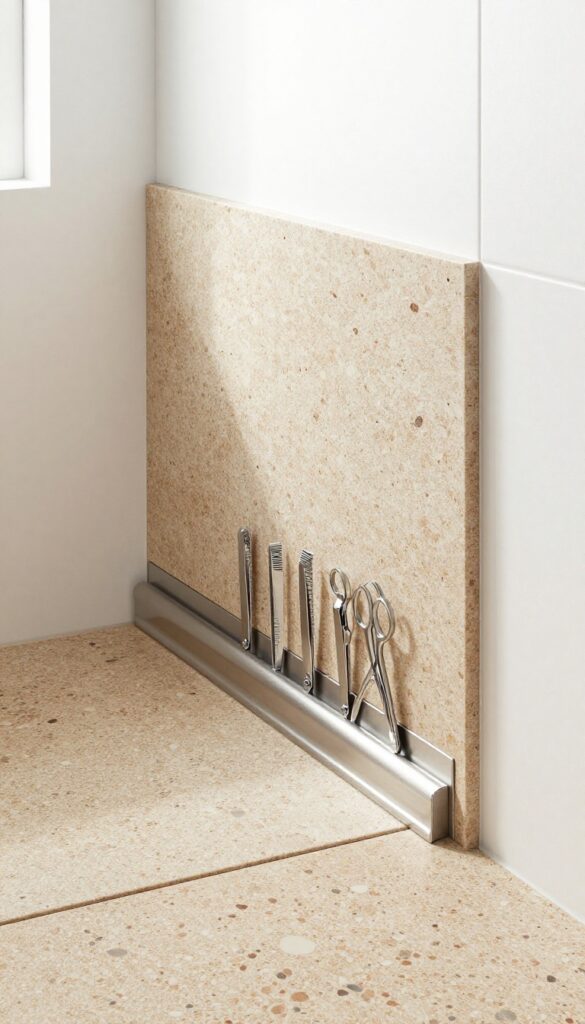 Corner shower ledge with magnetic strip holding metal grooming tools above pebble floor