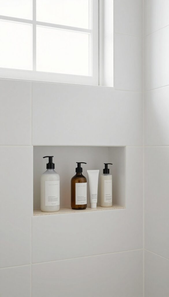 A clean and organized bathroom shower featuring built-in niches with neatly stored essentials in a tiled wall