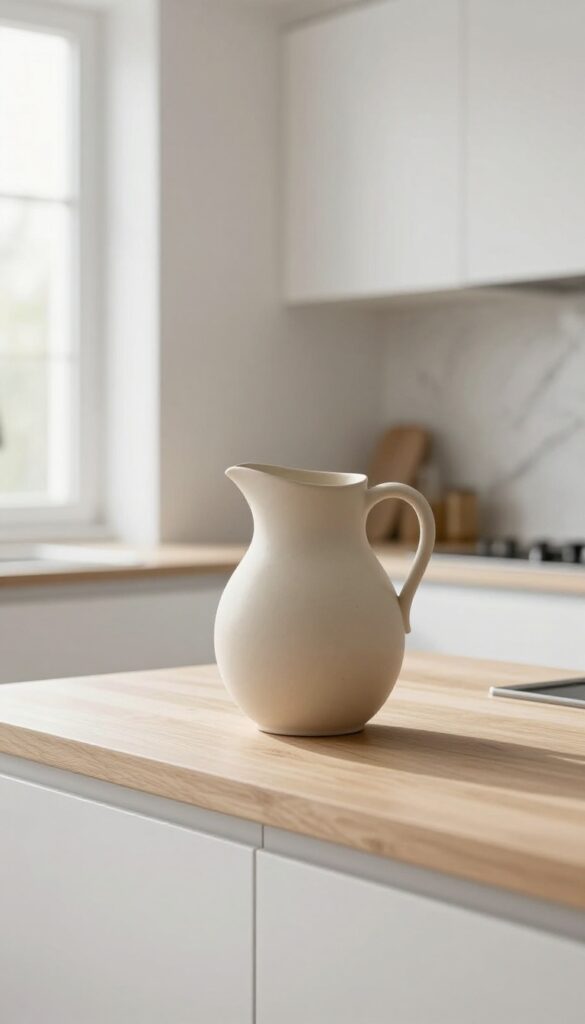 A sculptural ceramic pitcher on a kitchen island, empty and beautifully lit.