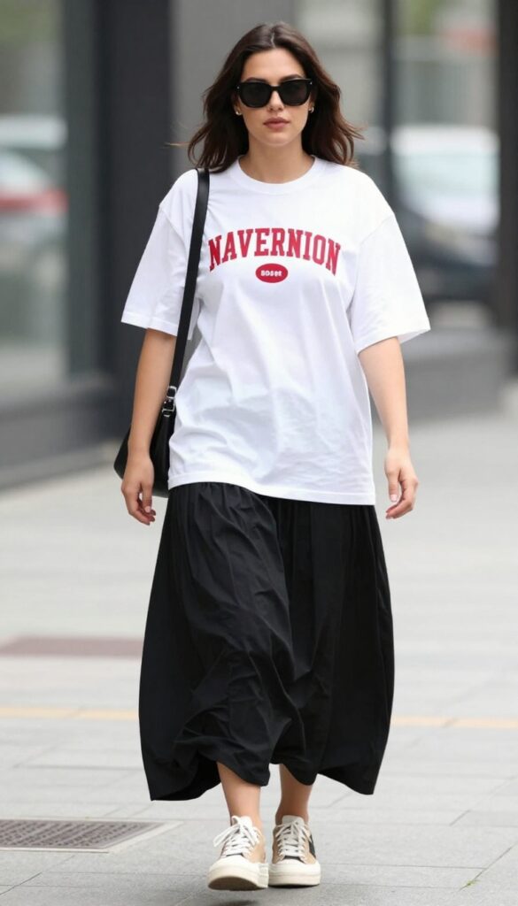 A woman wearing a graphic tee and black maxi skirt with chunky sneakers, styled for a casual summer day in an urban setting.