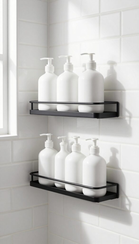 Black metal shower caddy holding white ceramic pump bottles against white subway tile wall in bright natural light
