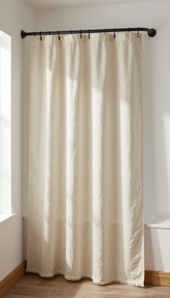 Farmhouse bathroom with unbleached drop cloth shower curtain featuring fringe trim, white walls, wood accents, and matte black fixtures.