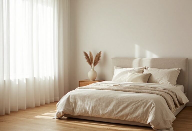 A serene bedroom with neutral layered bedding and natural light, embodying timeless Pottery Barn style.