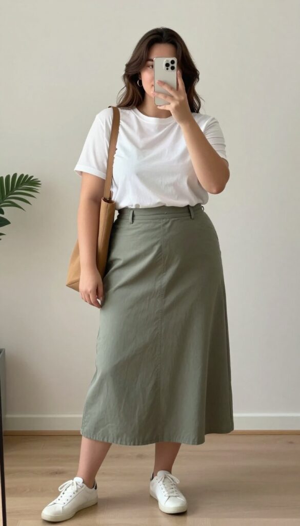 Plus-size woman in mirror selfie wearing an olive green A-line skirt and white tee tucked in, with white sneakers and tan crossbody bag.