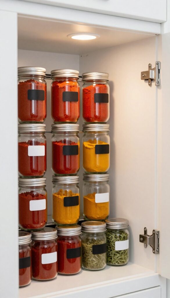 Magnetic spice jars attached to the inside of a kitchen cabinet door, organized and illuminated by a small LED light.