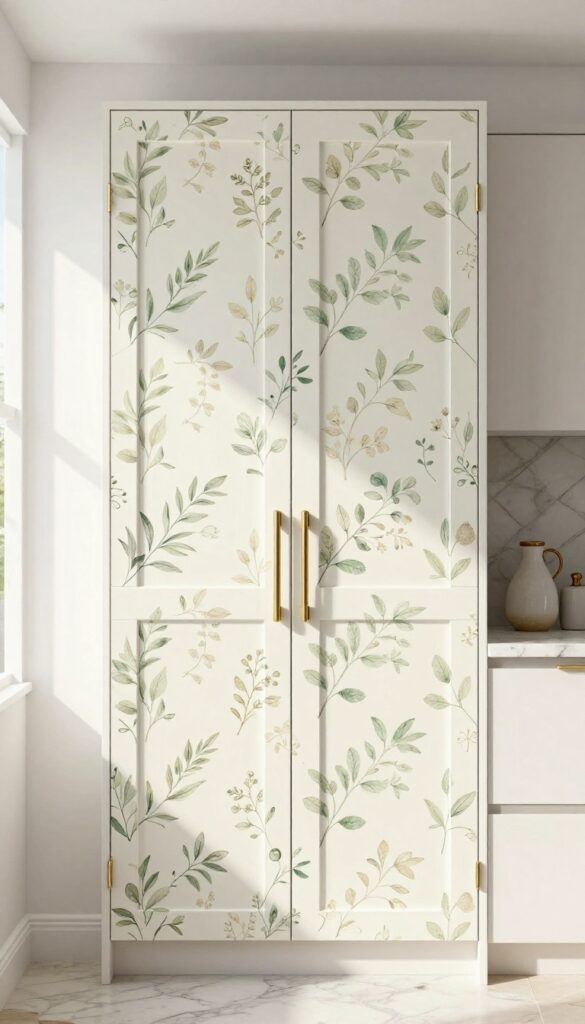 Kitchen cabinet door with botanical peel-and-stick wallpaper on center panel, brushed brass hardware, natural light.