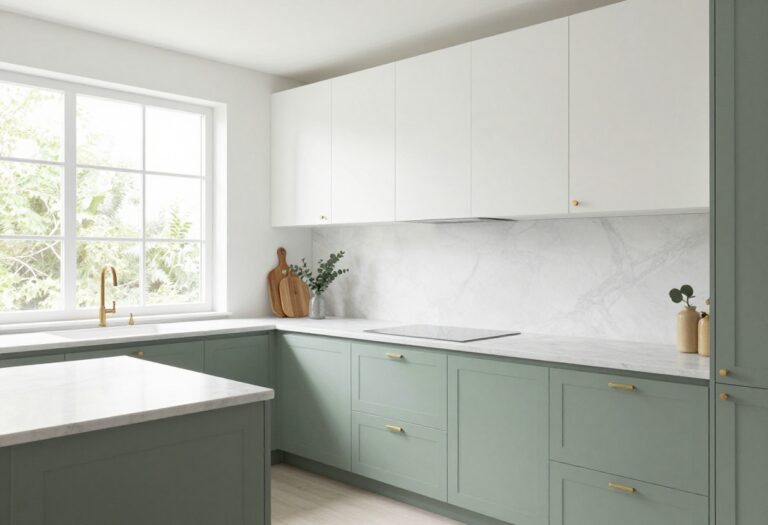 Modern kitchen with sage green lower cabinets and white uppers, marble countertops, and brass hardware