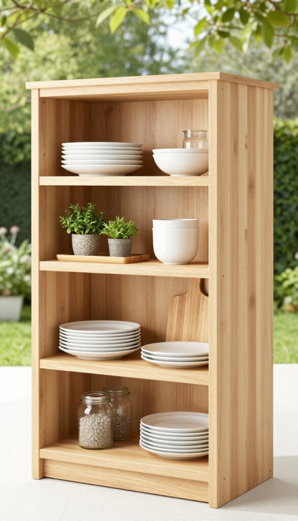 Open shelving with light wood finish in a bright outdoor kitchen, featuring ceramic plates, glass jars, and potted herbs.