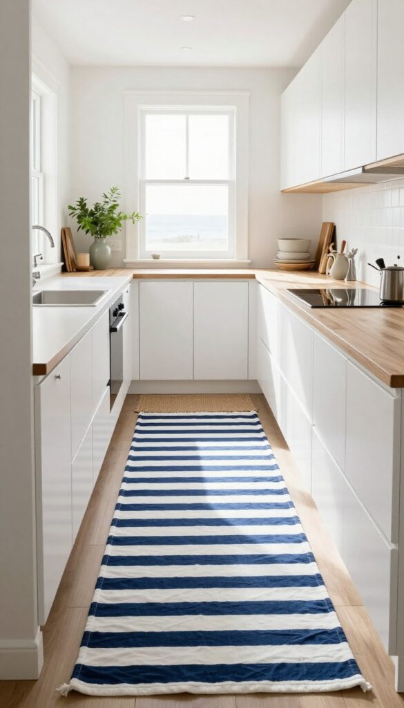 A narrow kitchen with white cabinets and a blue-and-white striped runner on the floor, creating a classic nautical feel.