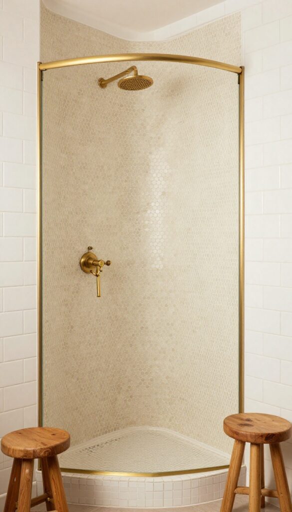 Beige hexagon mosaic tile accent wall in a shower with warm white subway tiles and brass fixtures