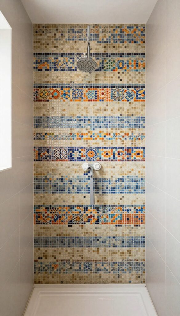 A walk-in shower with a patterned mosaic accent strip in neutral bathroom setting