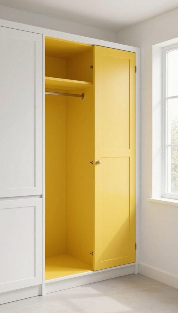 White kitchen with a color-blocked pantry door featuring a mustard yellow inner recess