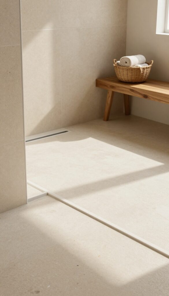 Seamless recessed shower drain flush with warm beige terrazzo tiles in a minimalist bathroom with natural wood accents.