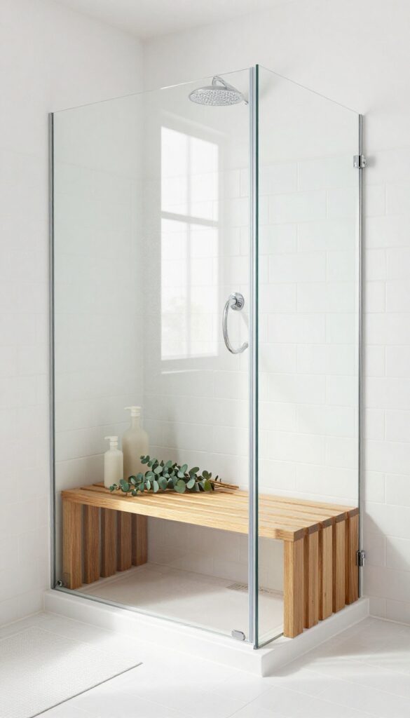 Teak shower bench with eucalyptus and bottle in bright, tiled walk-in shower