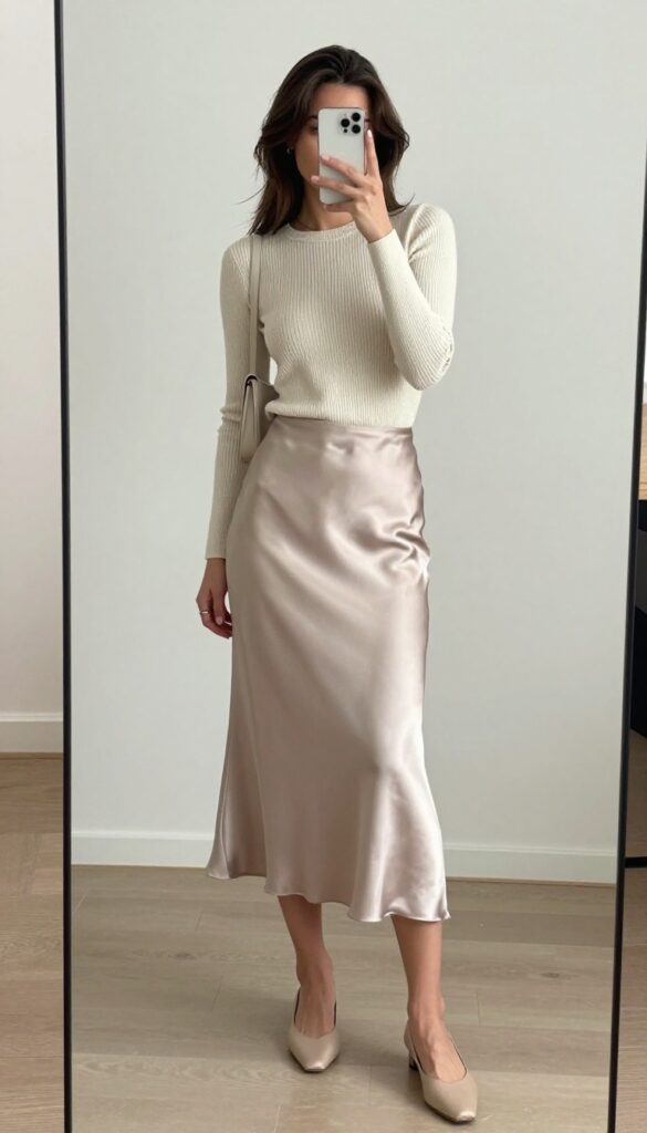 Woman wearing a satin midi skirt and fitted knit top, taking a mirror selfie in a bright room, showcasing a chic casual dinner outfit.