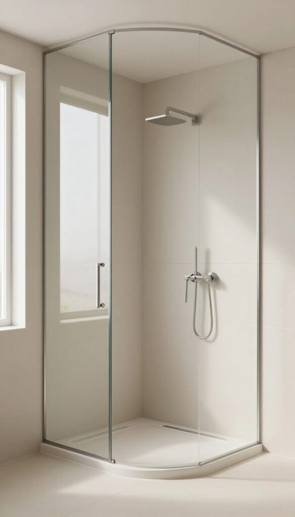 A quadrant shower room with mirrored walls reflecting light and space to make it appear larger, showcasing stylish and functional home decor in a small bathroom layout.