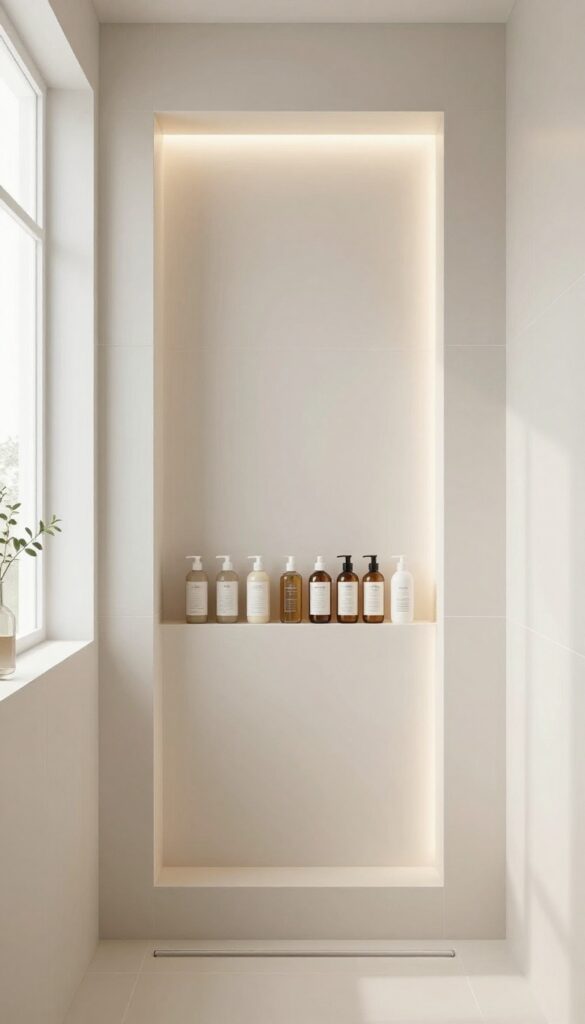 A built-in niche with LED lighting in a knee wall shower, showcasing modern home decor inspiration for bathroom storage and ambiance.