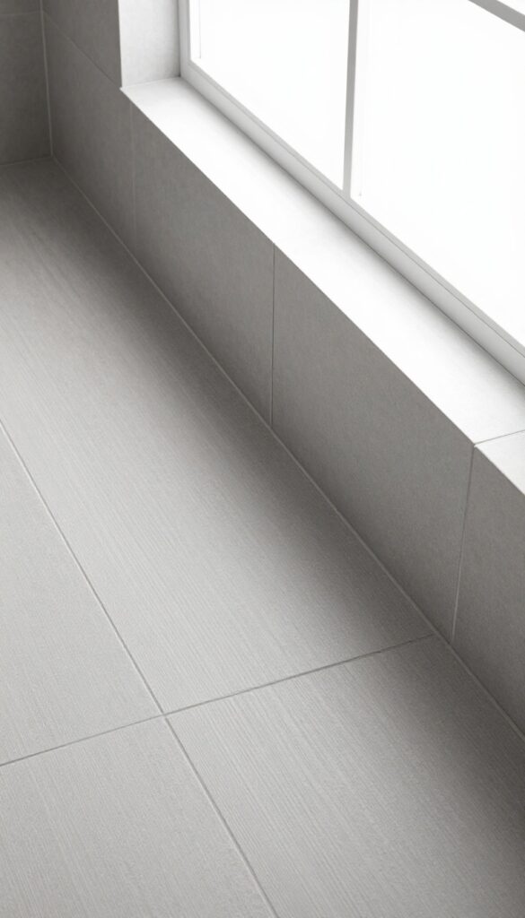 A close-up view of a shower threshold featuring textured tile borders for subtle definition, with bright natural lighting and a clean, polished bathroom aesthetic.