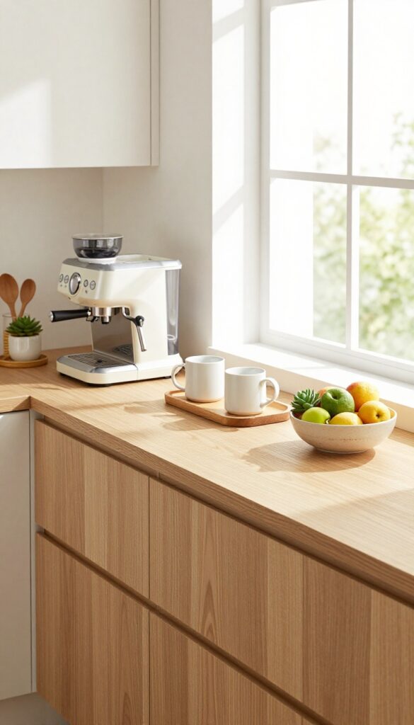 A cozy kitchen breakfast bar with a mini coffee station on one end, featuring a coffee maker, kettle, mugs, and a small plant on a wooden tray.