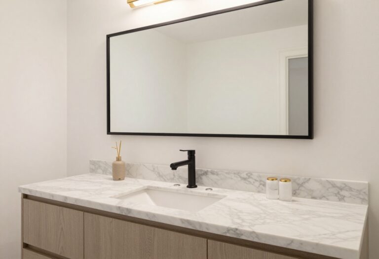 Modern bathroom with framed mirror and natural lighting showcasing affordable luxury decor ideas.