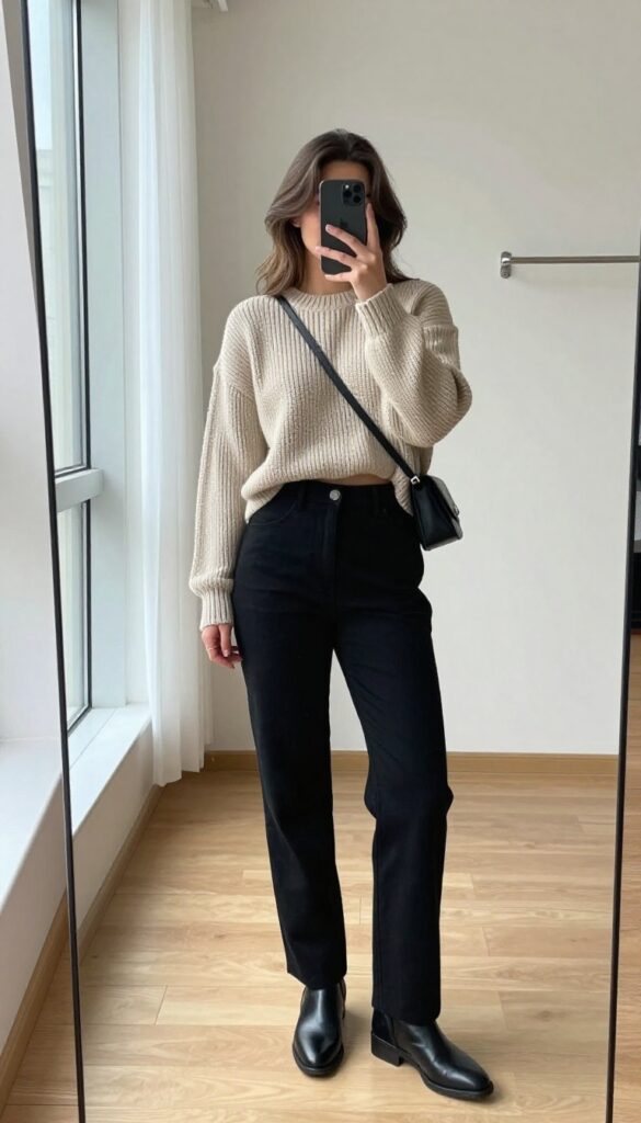 Woman in cropped oatmeal knit sweater and high-waisted black pants posing in mirror selfie, wearing ankle boots and crossbody bag, bright natural light.