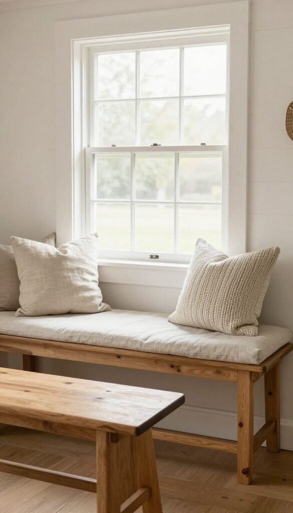 Kitchen table with bench seating on one side, cozy and inviting