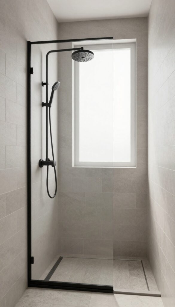 Modern shower room featuring matte black fixtures against light tiles, showcasing contemporary design with natural lighting.