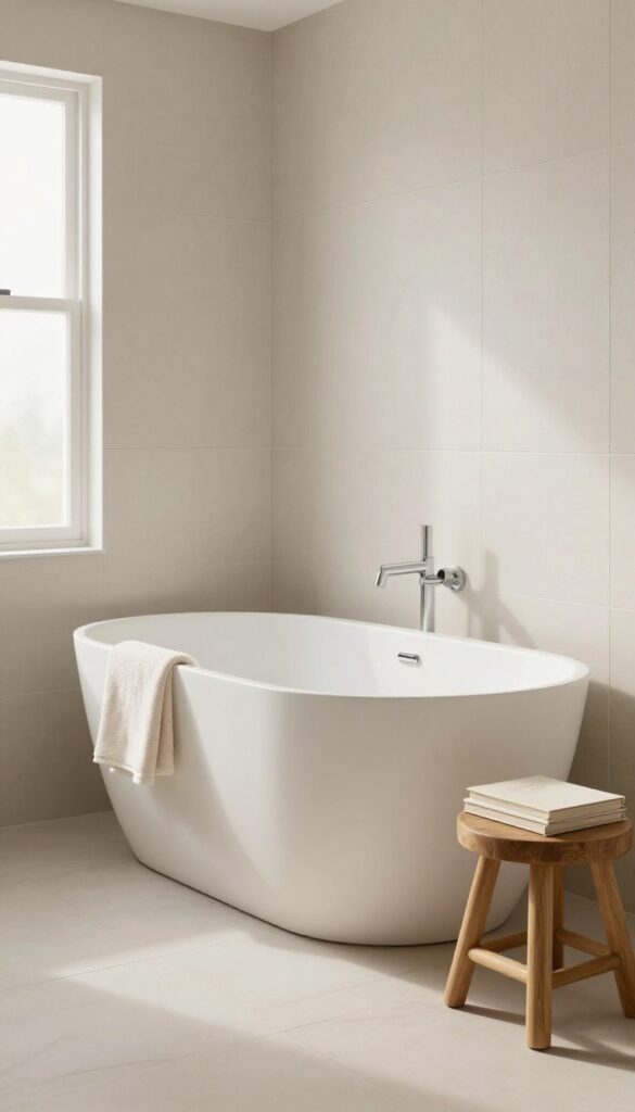 A serene bathroom with a freestanding bathtub and a small wooden stool nearby holding essentials, showcasing functional and relaxing home decor