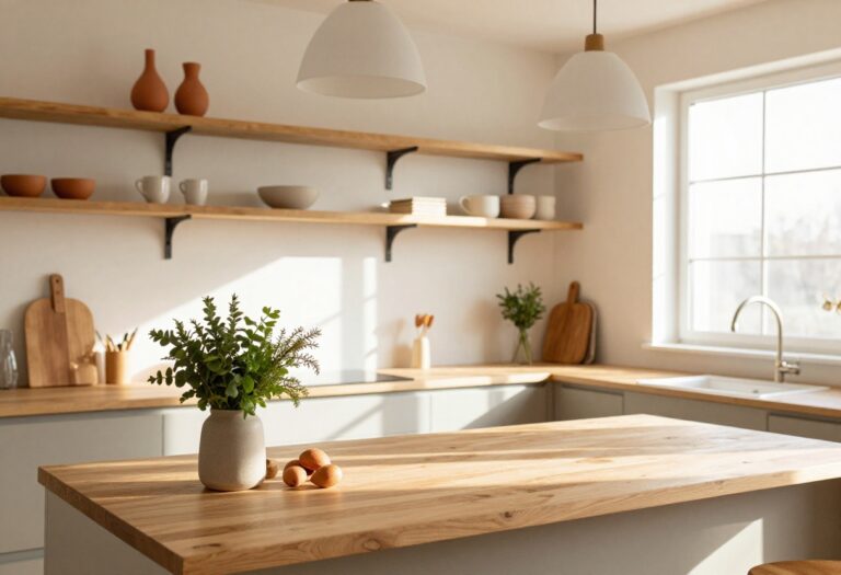 Cozy kitchen with warm wood shelves, terracotta decor, and soft lighting