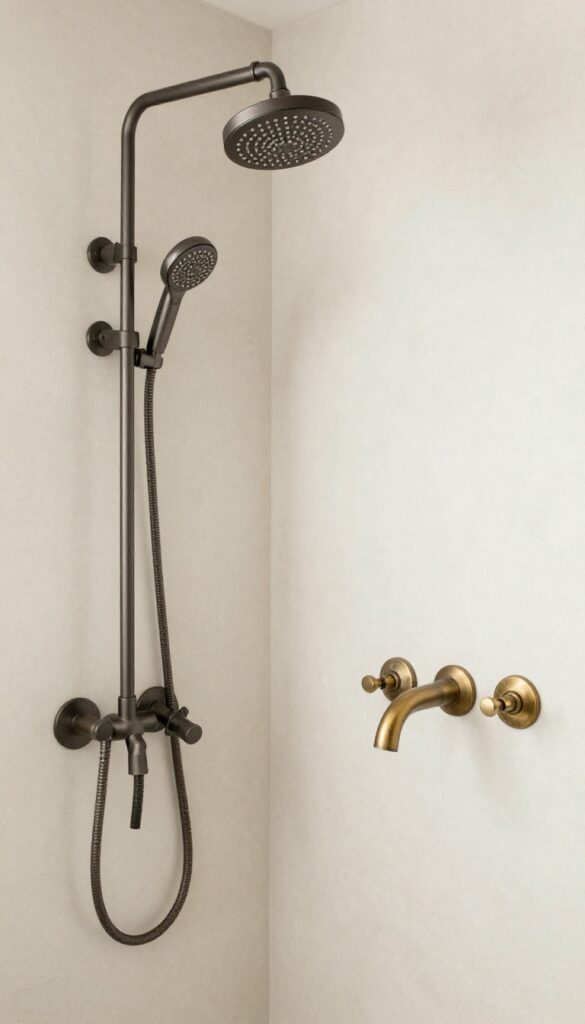 A farmhouse walk-in shower with vintage-inspired matte finish fixtures in brushed nickel or black, blending with wood and stone textures under soft natural light for a cozy, timeless look.