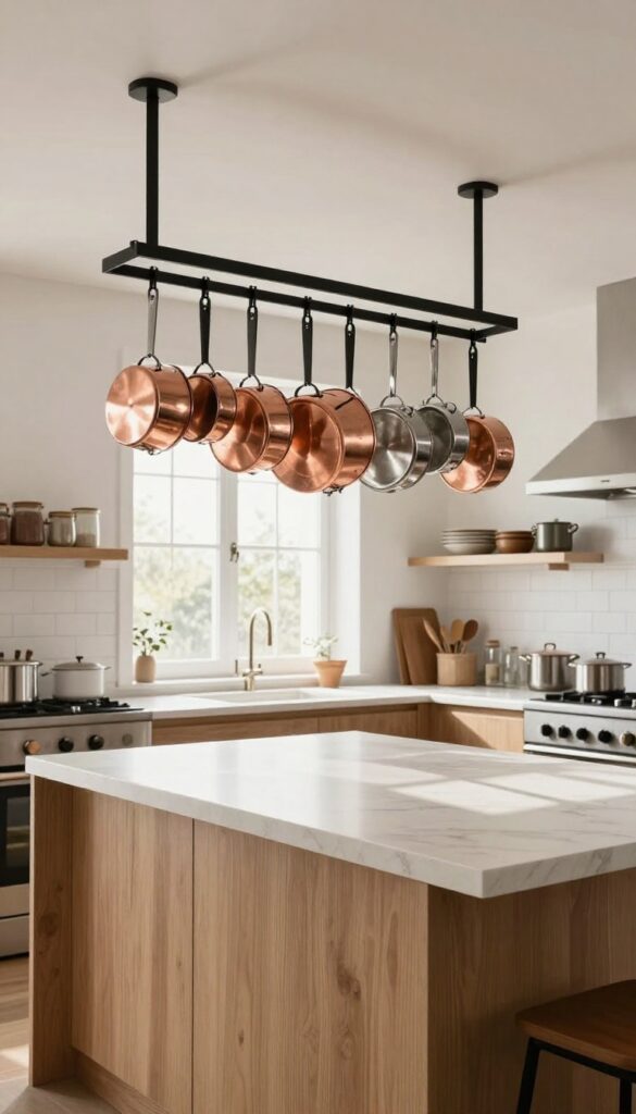 Hanging pot rack in a bright kitchen with pots and pans suspended from ceiling, saving cabinet space and adding warmth.