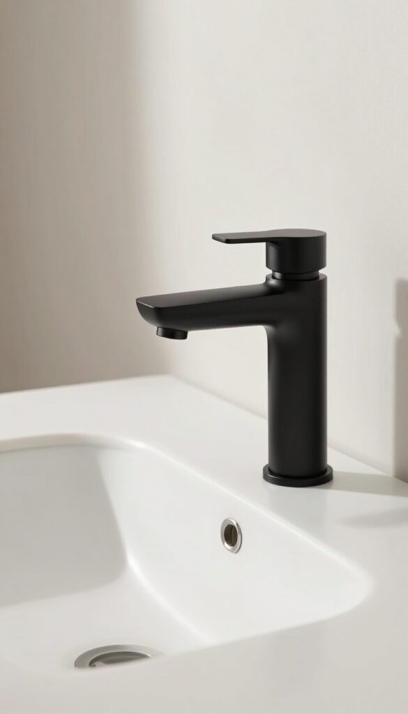 Close-up of a matte black faucet on a bathroom sink with white countertop, illustrating an upgrade idea for modern hardware.