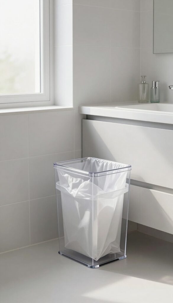 A transparent acrylic trash can in a modern bathroom setting with white tile, chrome fixtures, and minimalist decor, showcasing how clear materials enhance light and space.