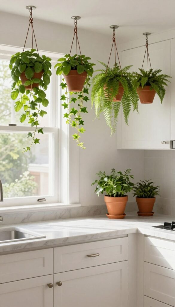 Hanging herb garden in a bright kitchen with terracotta pots suspended from the ceiling, filled with fresh herbs and trailing plants.