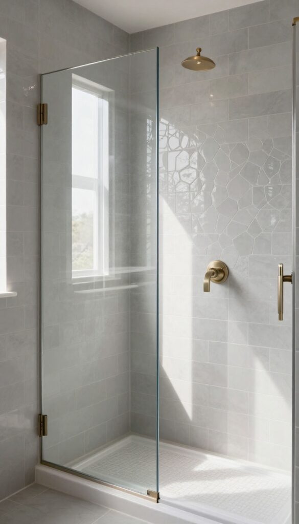 A master bathroom shower with mixed smooth and textured gray tiles, featuring glossy subway and matte hexagon designs under natural light, creating a stylish and uncluttered space.