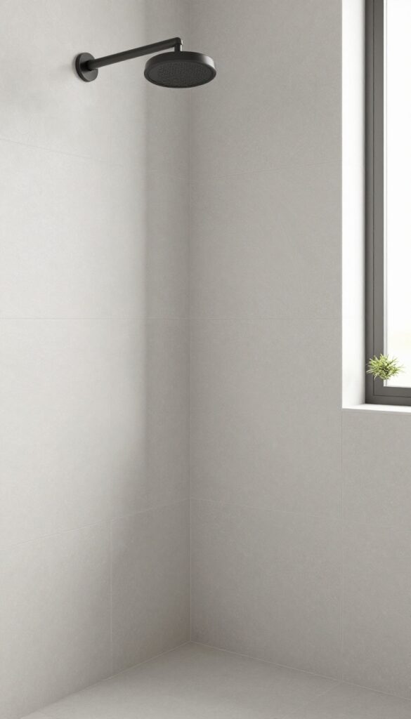A shower with monochrome penny round tiles in soft curves under natural light