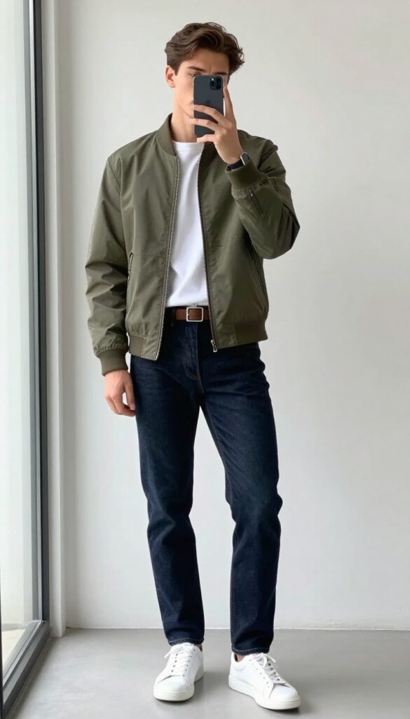 Man in olive bomber jacket, white tee, dark jeans, and white sneakers taking a mirror selfie in bright room.