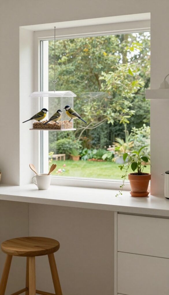 Cozy kitchen bay window with a clear bird feeder attached outside, birds feeding, minimal decor inside, bright natural light, garden view.