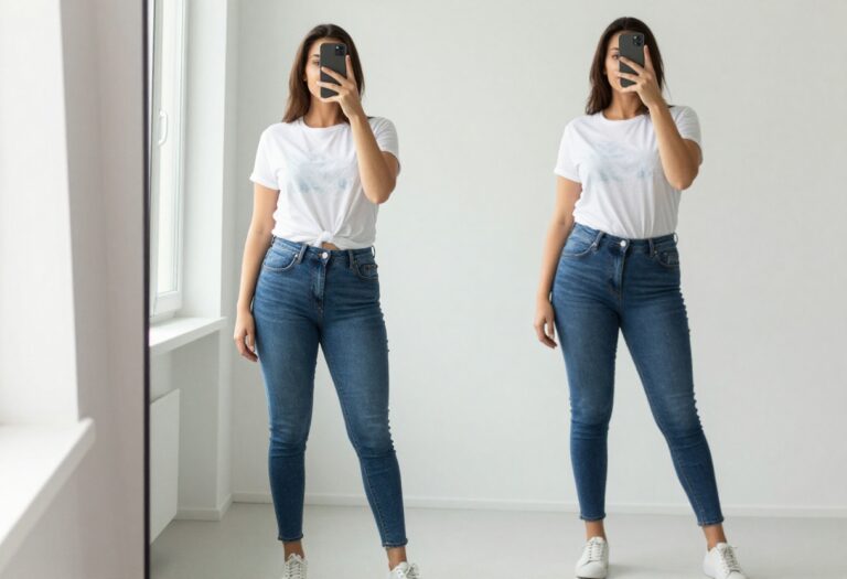 Plus-size woman taking a mirror selfie wearing high-waisted jeans and a relaxed graphic tee, front-tucked, with sneakers, in bright natural light.