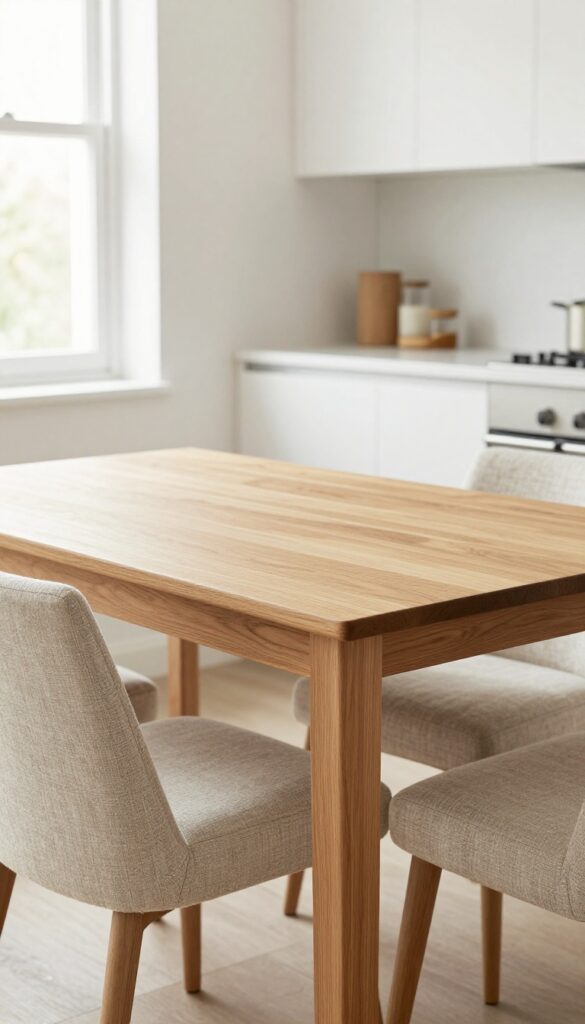 Extendable oak kitchen table in closed position with two linen chairs in a bright breakfast nook