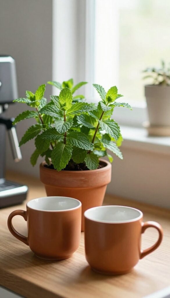 Coffee bar with small herb pot adding warmth and greenery