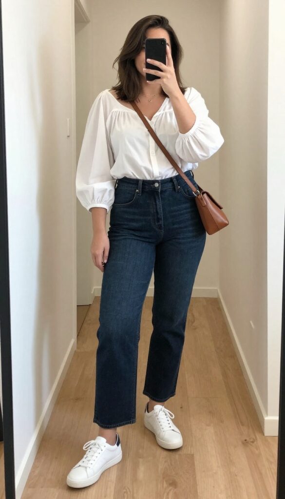 Plus-size woman in high-waisted dark jeans and structured white blouse, taking a mirror selfie in a bright room, showcasing a casual polished outfit.