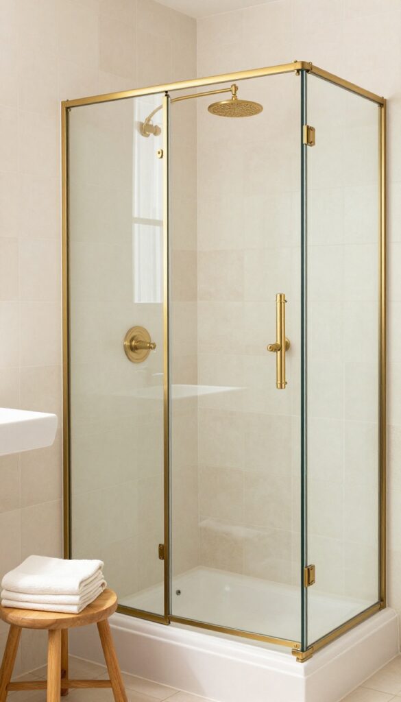 Clear glass shower screen with a slim warm brass frame in a bright bathroom